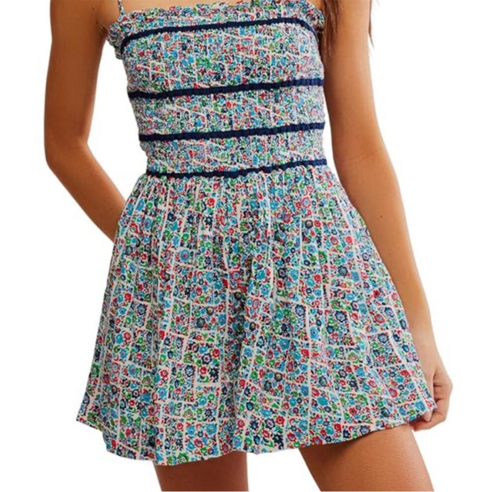 NWT Free People Bali Checked Out Printed Romper,  Gardenia, Adjustable Straps M